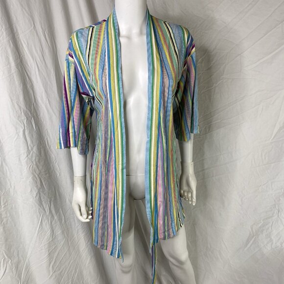 Triacetate Nylon Terry fuzzy textured short Robe striped Cover Up Womens Small - Picture 5 of 16